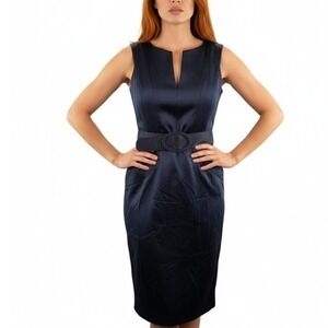 Ellen Tracy Dress Womens 10 Navy Blue V Neck Belted Sheath Office Siren Cocktail